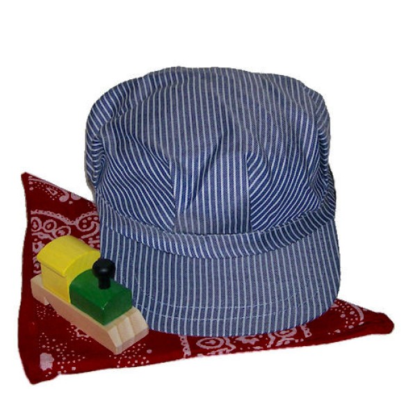 Childrens Train Engineer Conductor Hat Red Bandana and Wooden Whistle Set